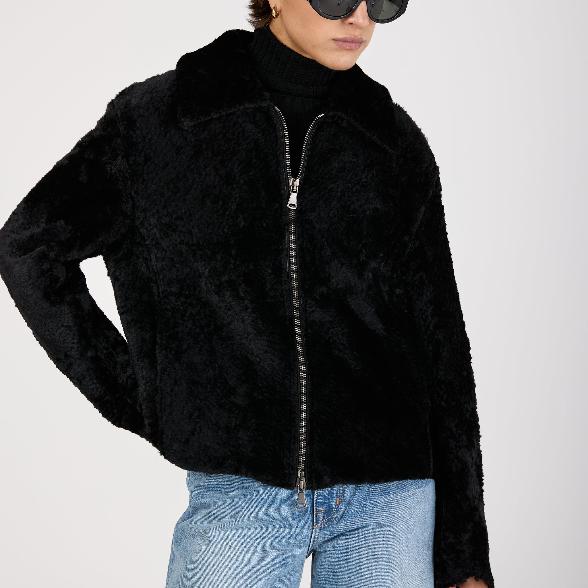 Lamb Shearling Leather Jacket in Black