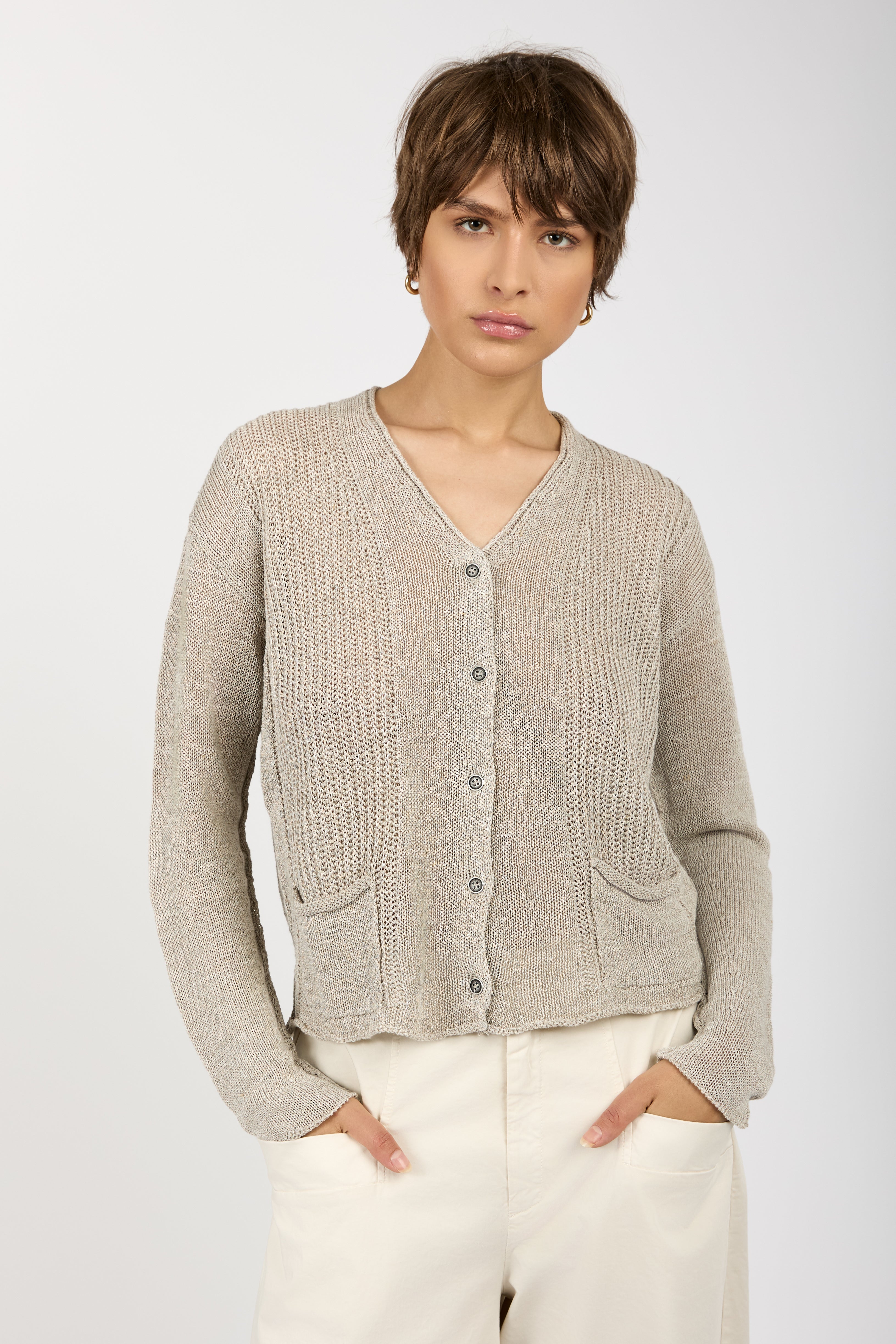 Linen and Cotton Knit Cardigan in Pearl Grey