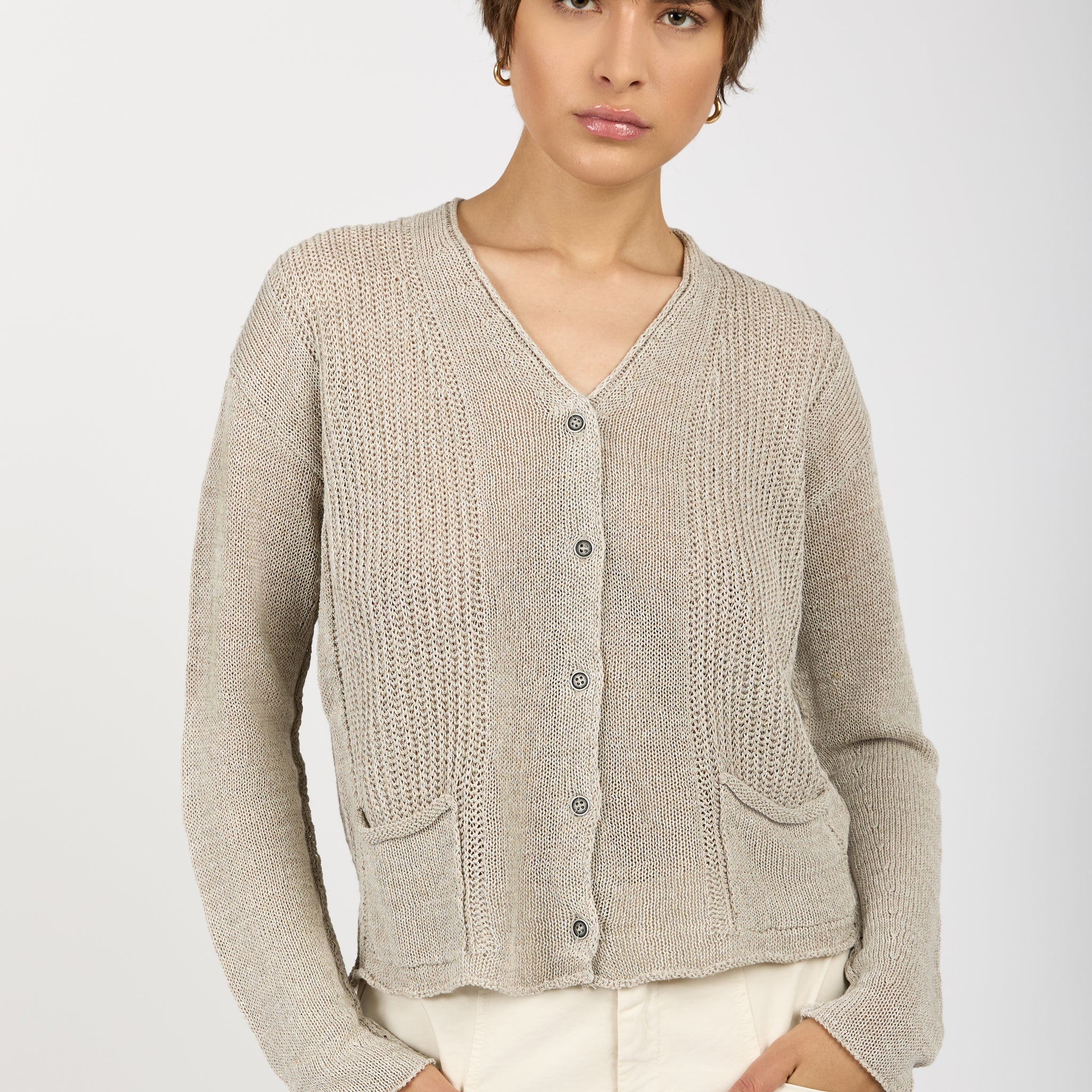 Linen and Cotton Knit Cardigan in Pearl Grey