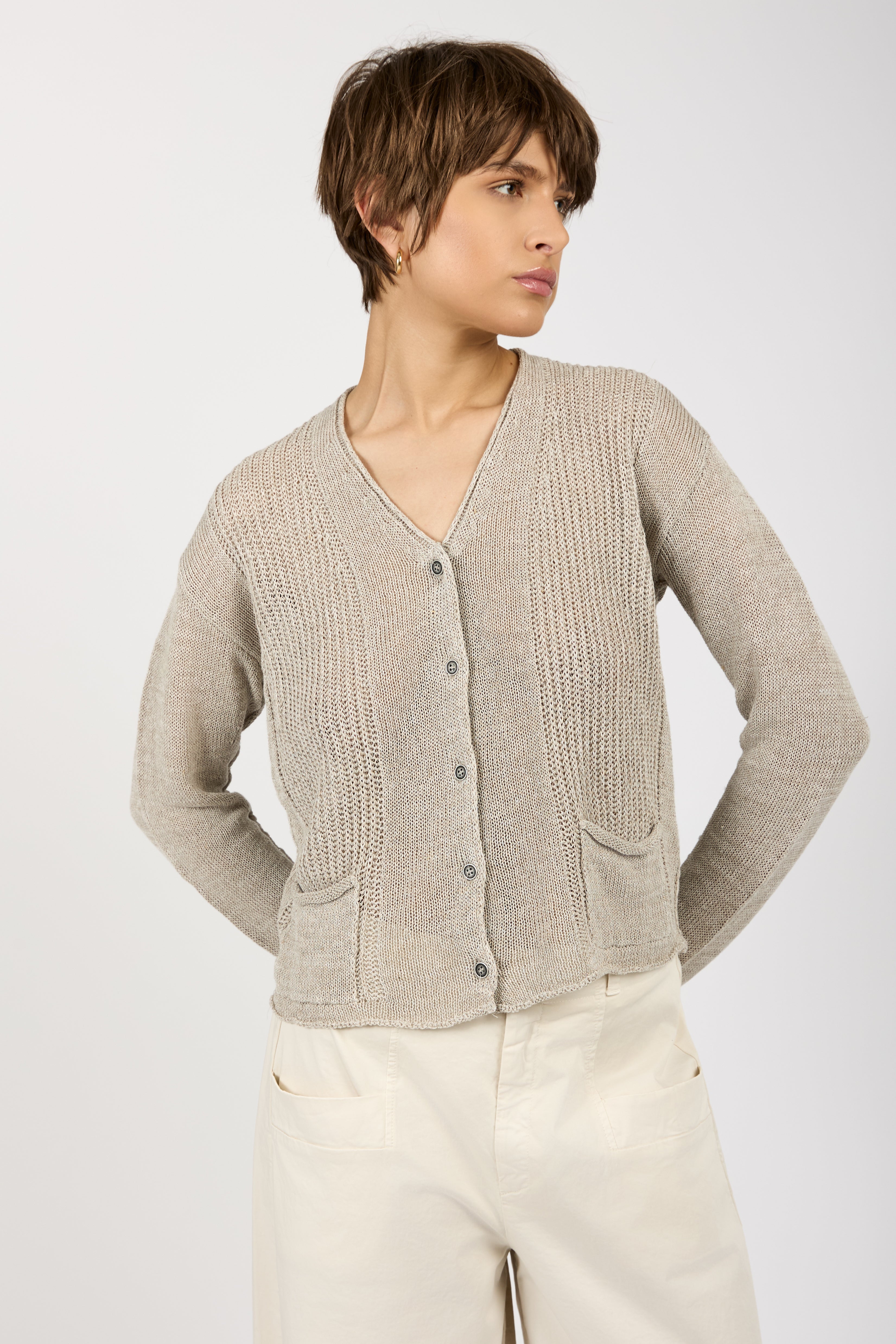 Linen and Cotton Knit Cardigan in Pearl Grey