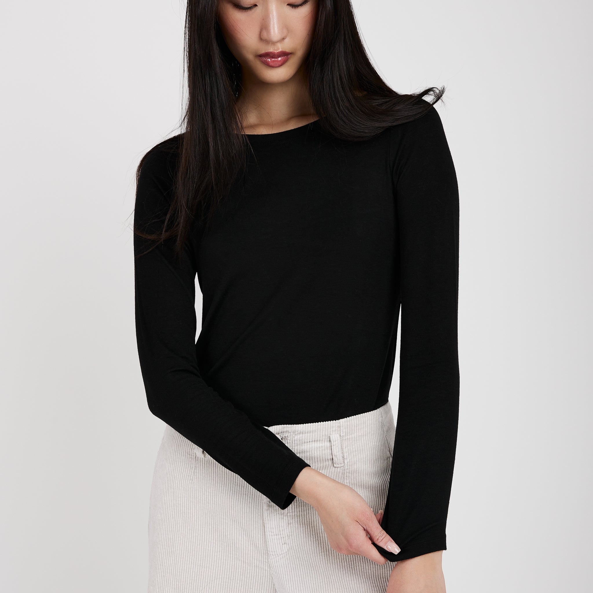 TRANSIT Long Sleeve Modal T-Shirt Top in Black