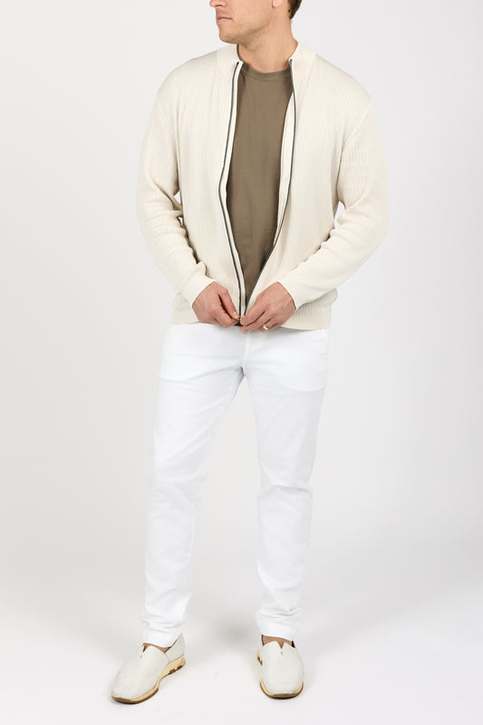 Ribbed Cotton Zip-Up Cardigan in Ice