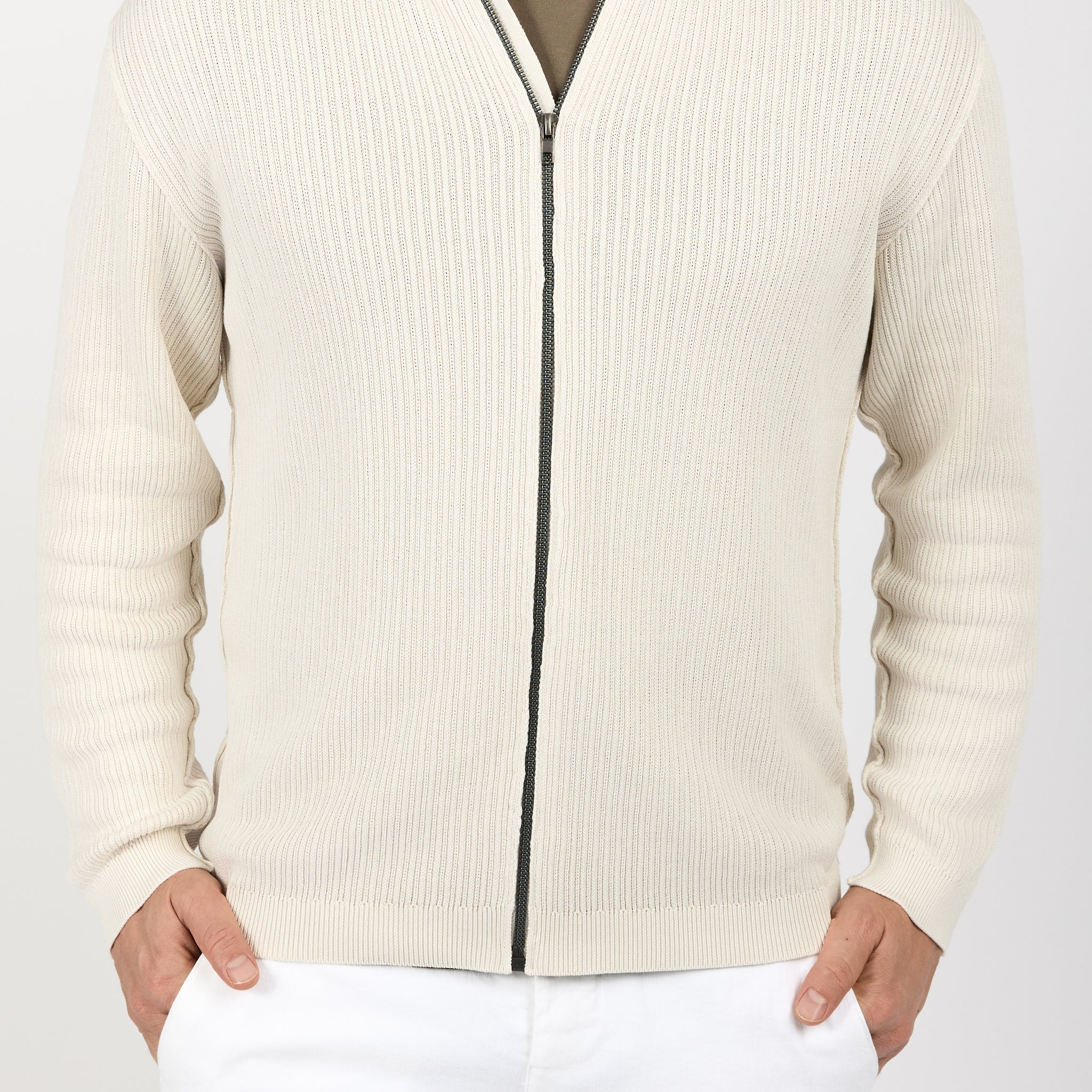 Ribbed Cotton Zip-Up Cardigan in Ice