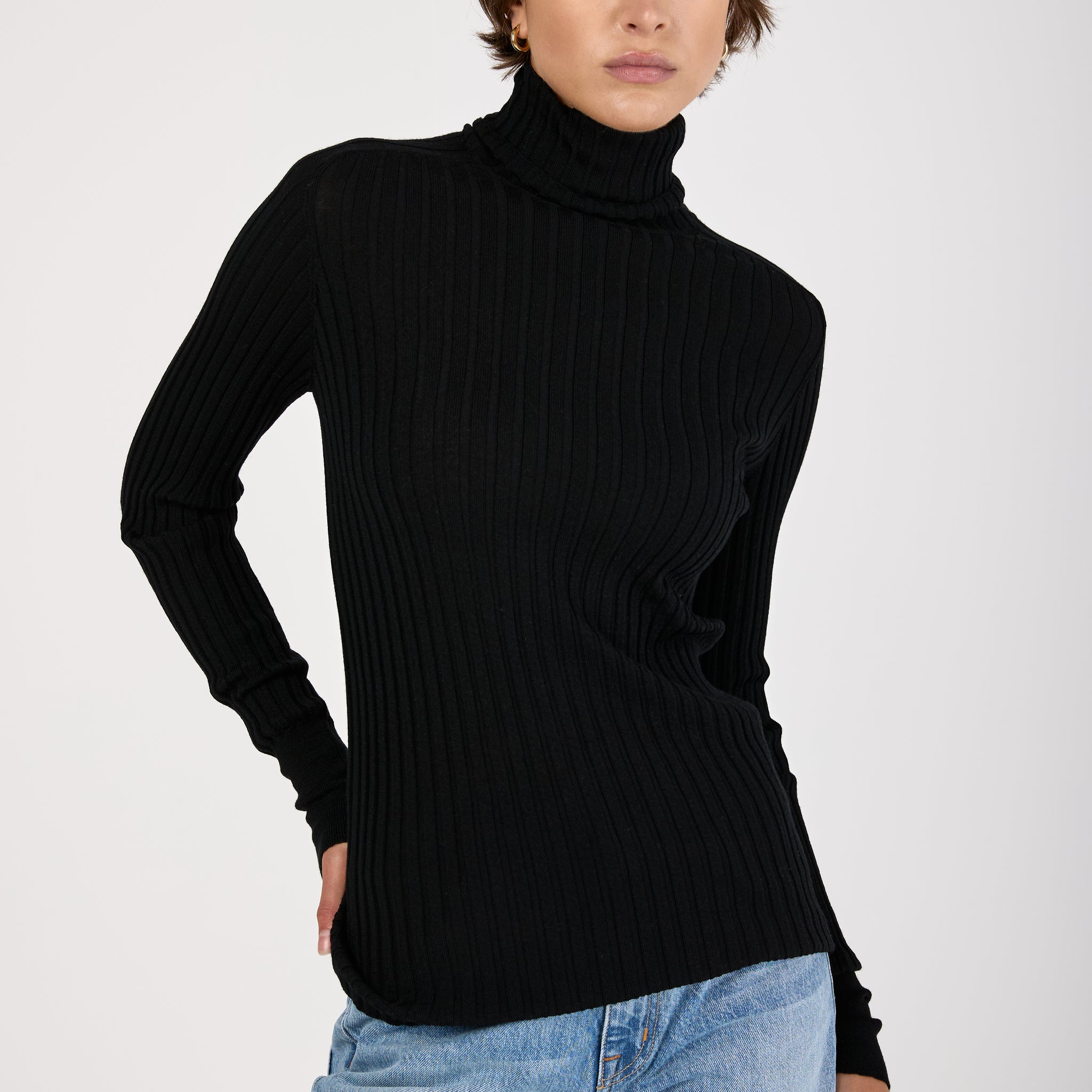 Ribbed Turtleneck Wool Knit Sweater in Black