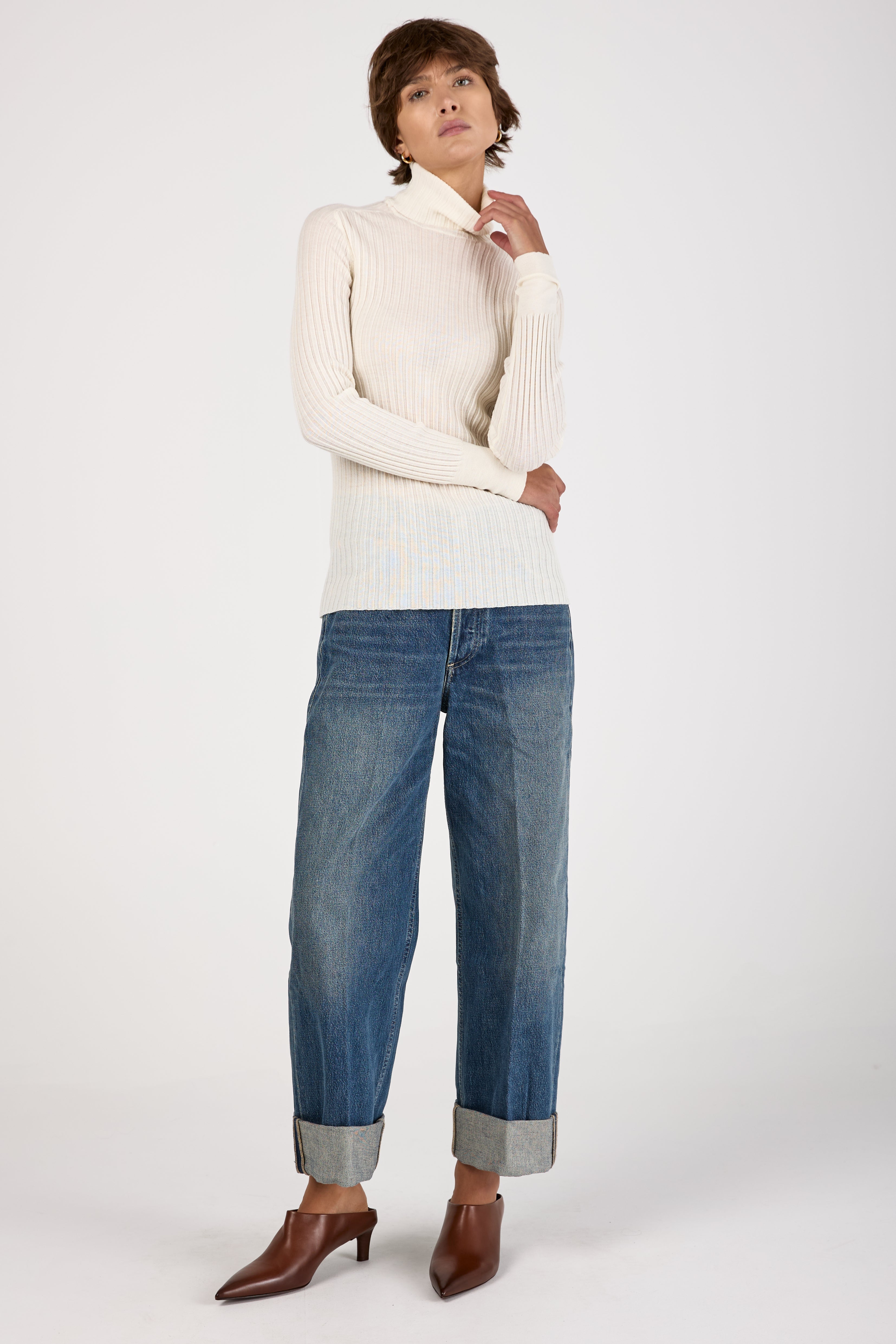 Ribbed Turtleneck Wool Knit Sweater in Ice