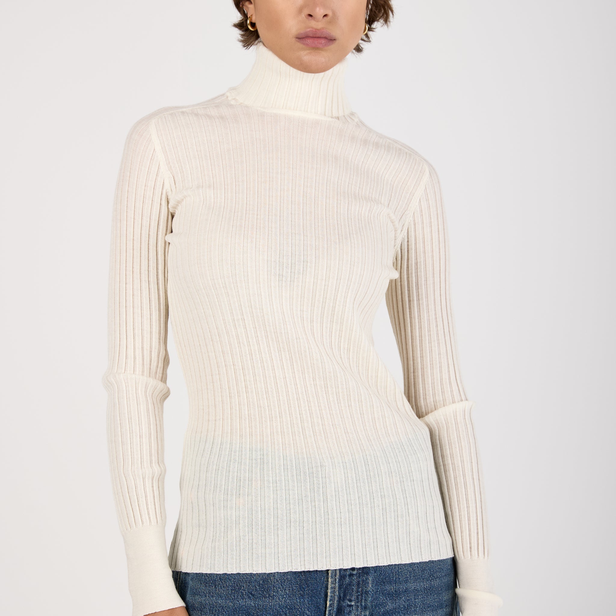 Ribbed Turtleneck Wool Knit Sweater in Ice