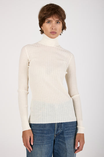 Ribbed Turtleneck Wool Knit Sweater in Ice