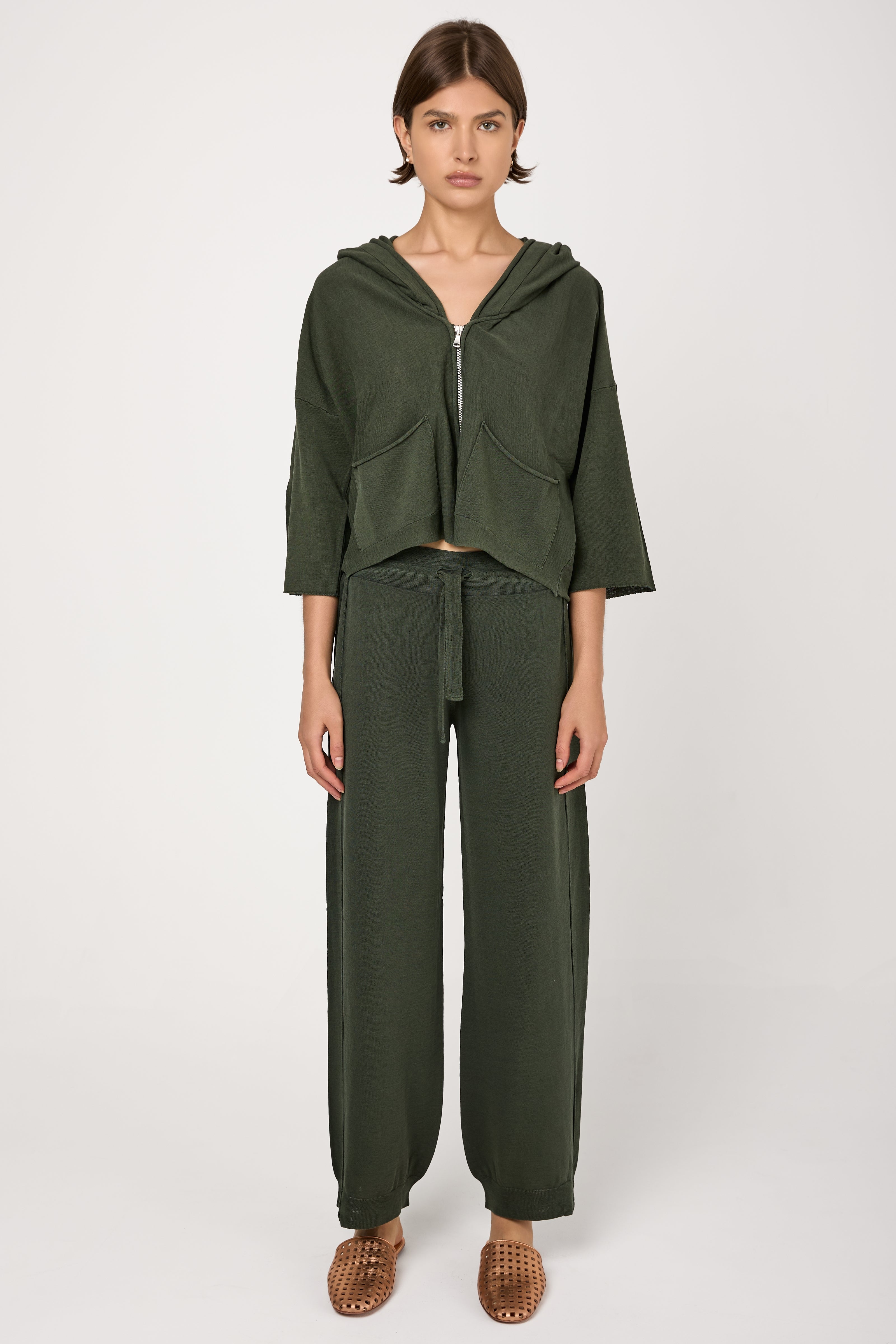 Slub Cotton Knit Hooded Jacket in Green