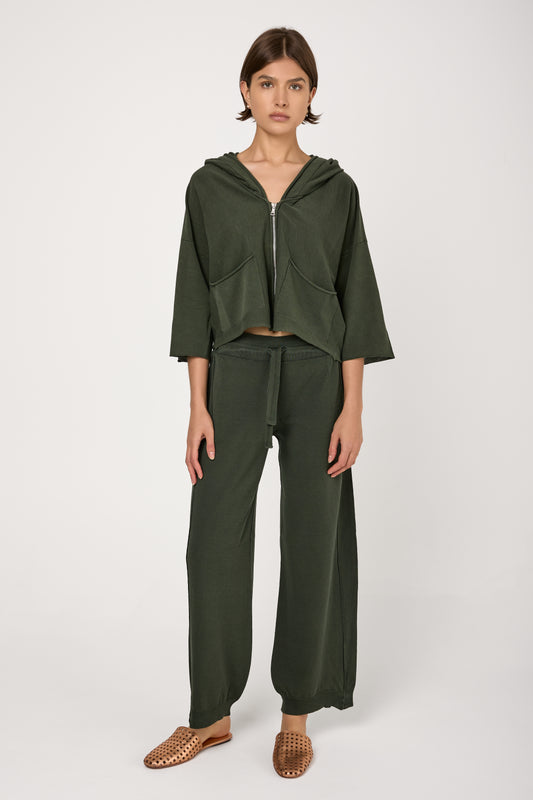 Slub Cotton Knit Hooded Jacket in Green