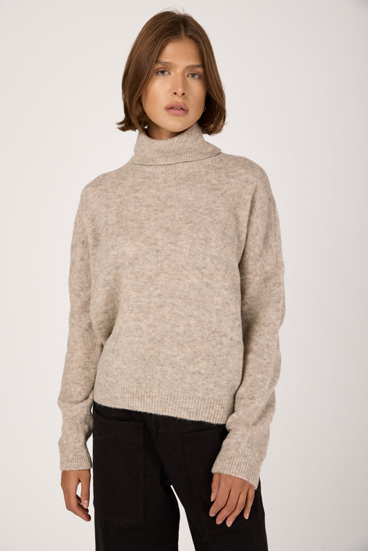 Turtleneck Wool Knit Sweater in Light Grey