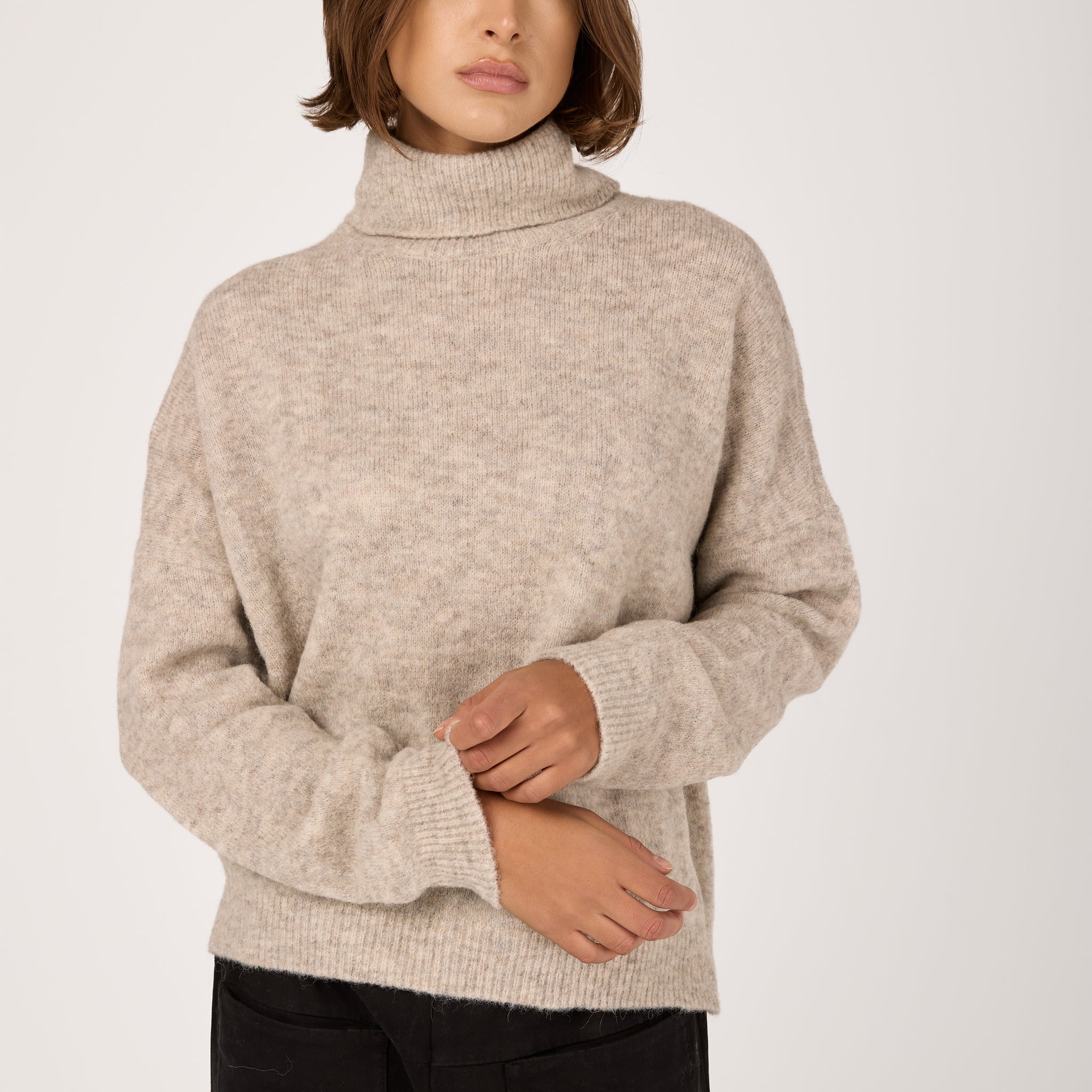 Turtleneck Wool Knit Sweater in Light Grey