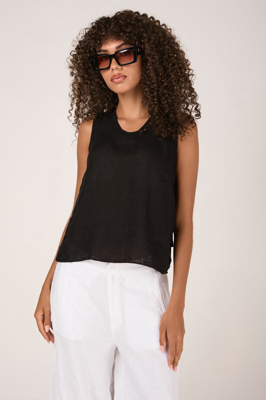Viscose Georgette Linen Tank Top in Black