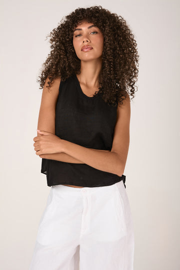 TRANSIT Viscose Georgette Linen Tank Top in Black