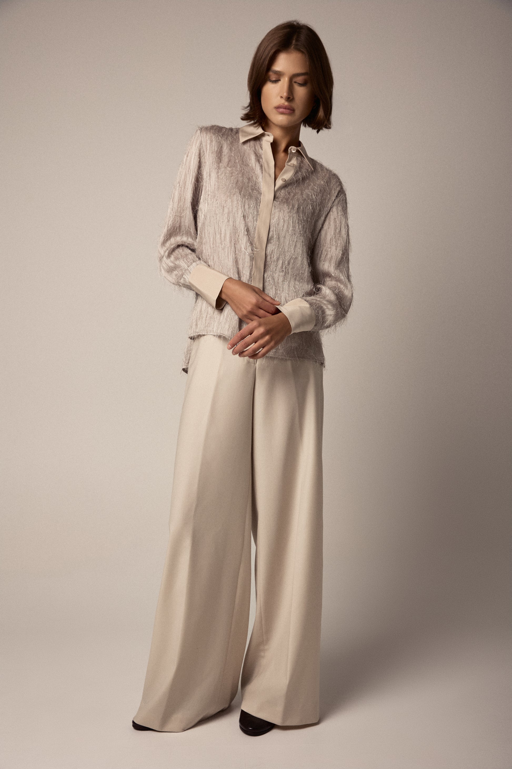 PESERICO Wool Twill Palazzo Trouser Pant in Amber Beige