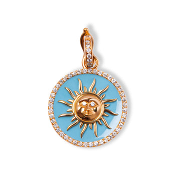 18K Gold Sun Pendant with Diamond & Turquoise Enamel – Small