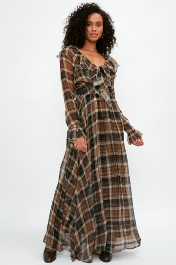 ALESSIA ZAMATTIO Calla Silk Maxi Dress in Tartan Nocciola