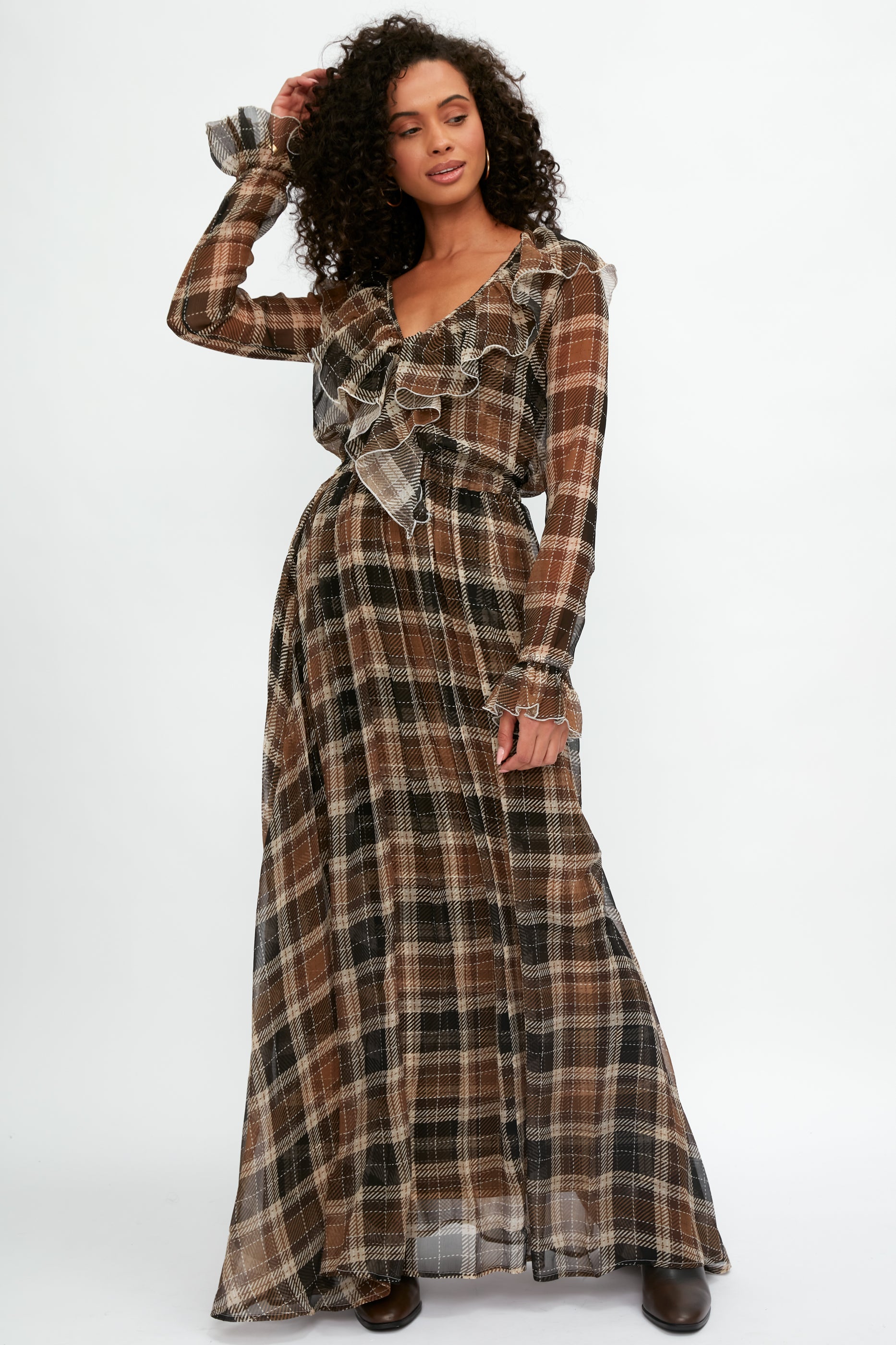 Calla Silk Maxi Dress in Tartan Nocciola XS Calla Silk Maxi Dress in Tartan Nocciola XS