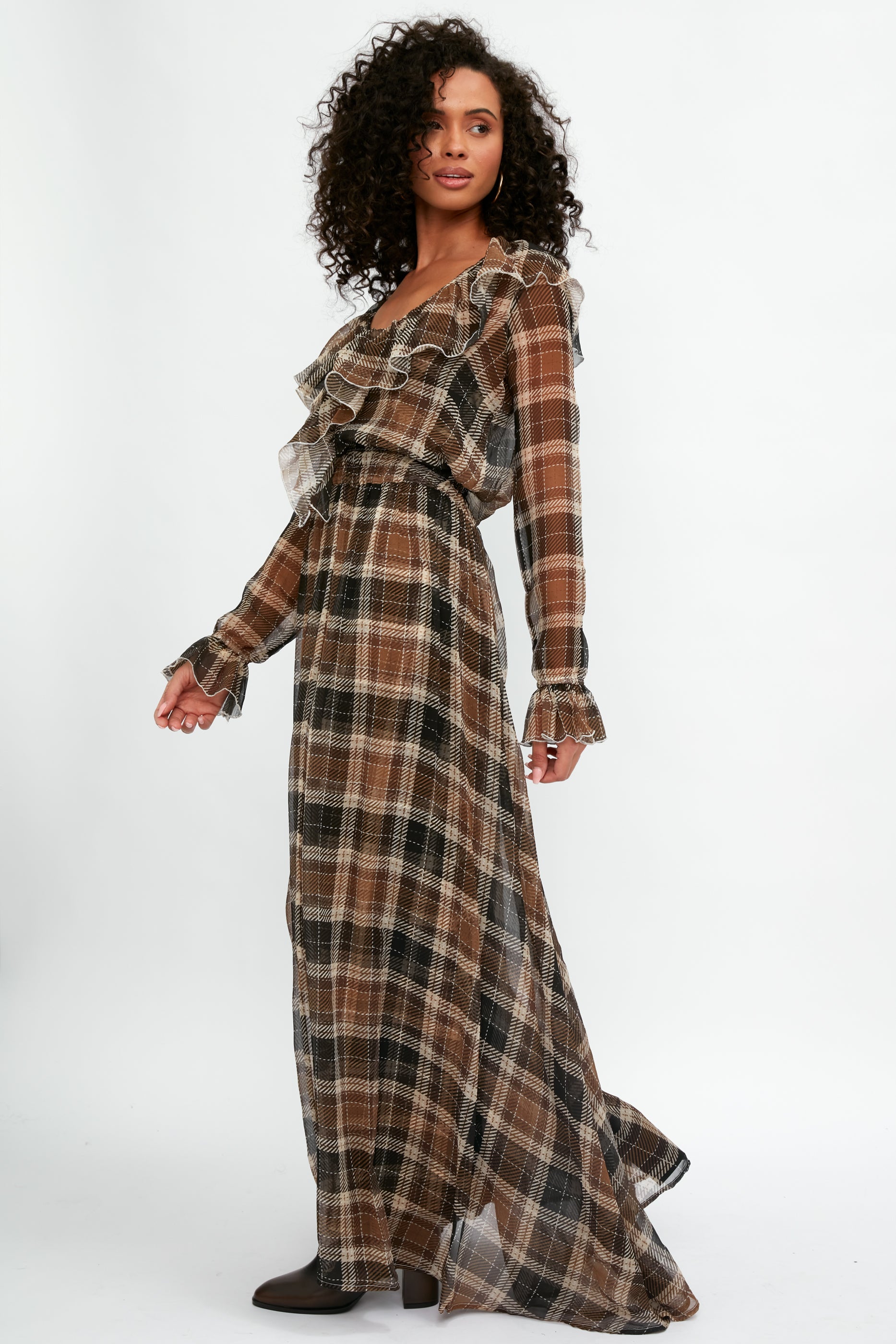 Calla Silk Maxi Dress in Tartan Nocciola XS Calla Silk Maxi Dress in Tartan Nocciola XS