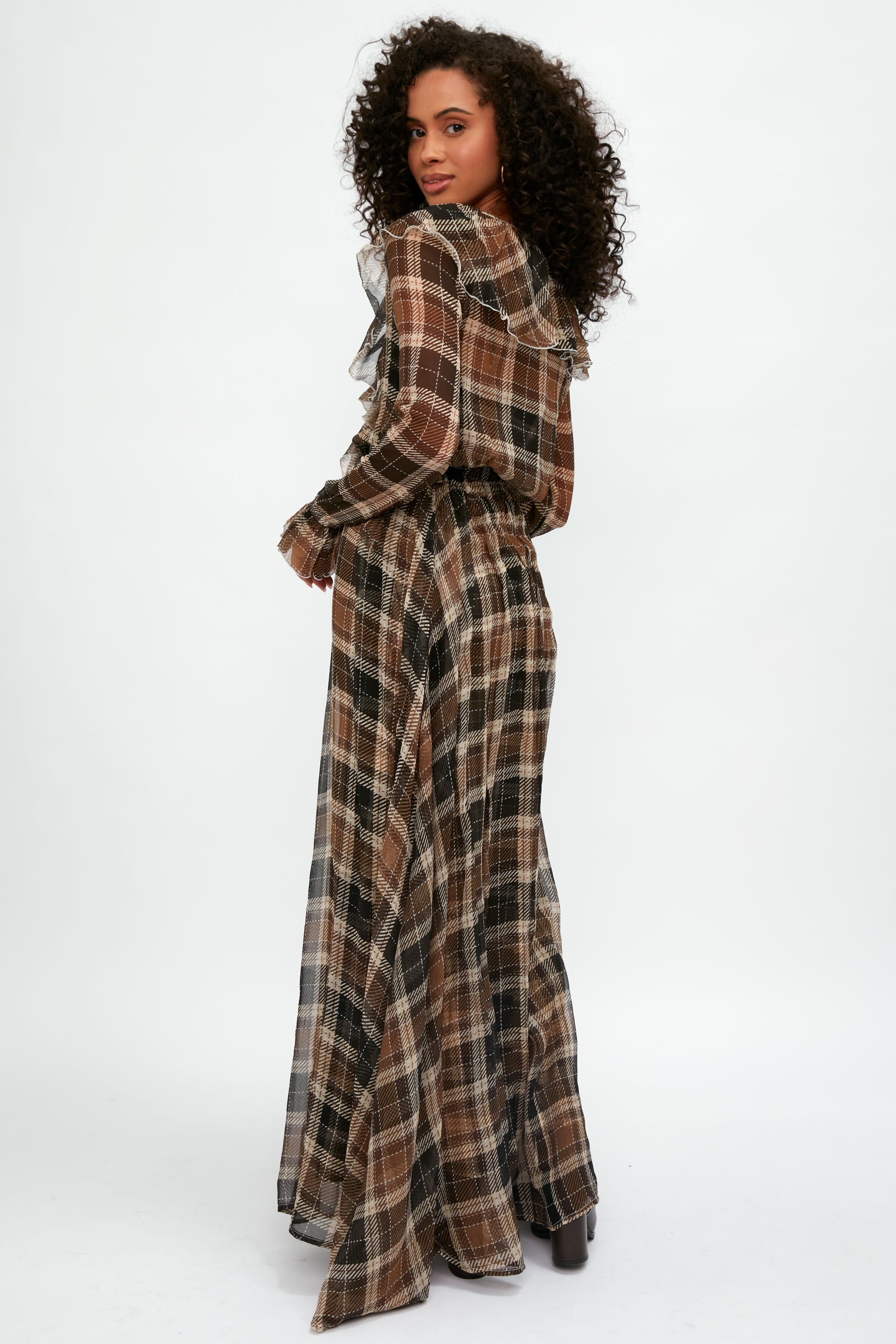 Calla Silk Maxi Dress in Tartan Nocciola XS Calla Silk Maxi Dress in Tartan Nocciola XS