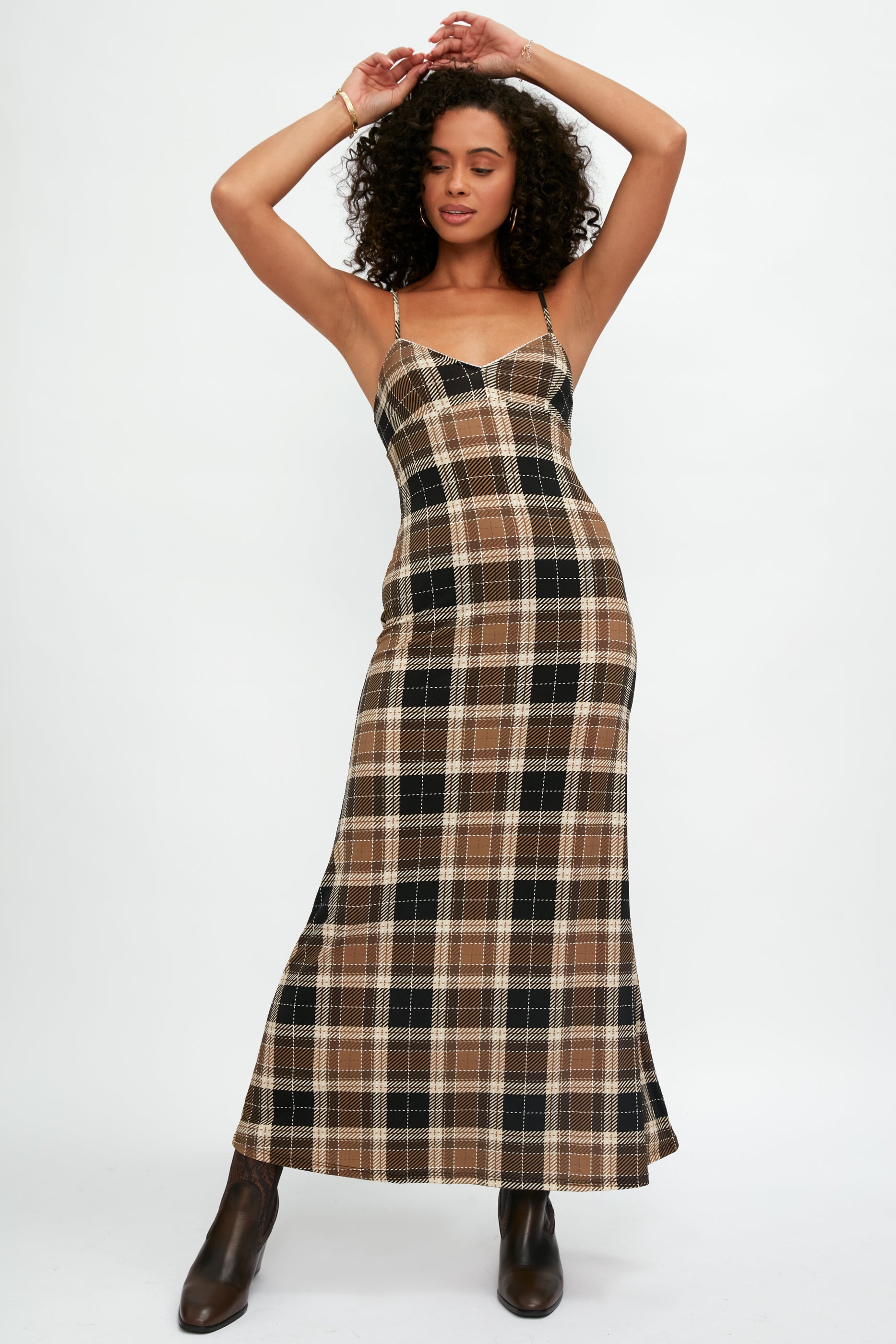 Calla Silk Maxi Dress in Tartan Nocciola XS Calla Silk Maxi Dress in Tartan Nocciola XS