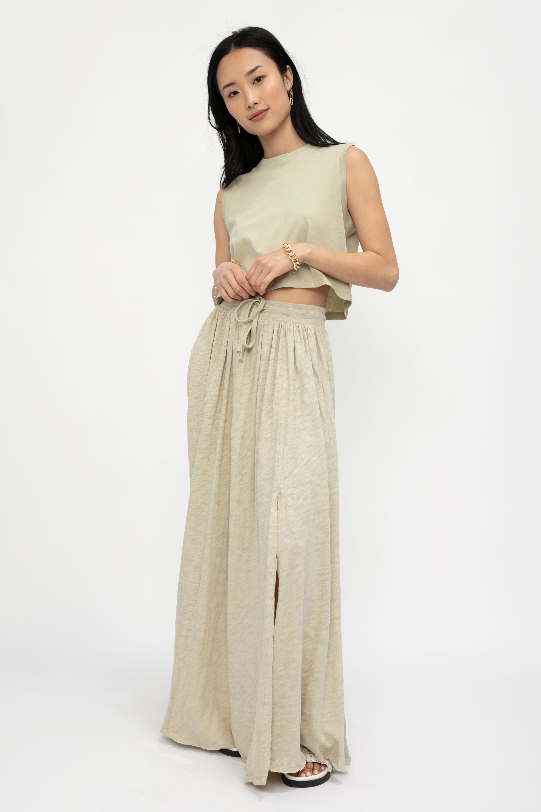 Maxi Skirt With Slit in Faded Moss