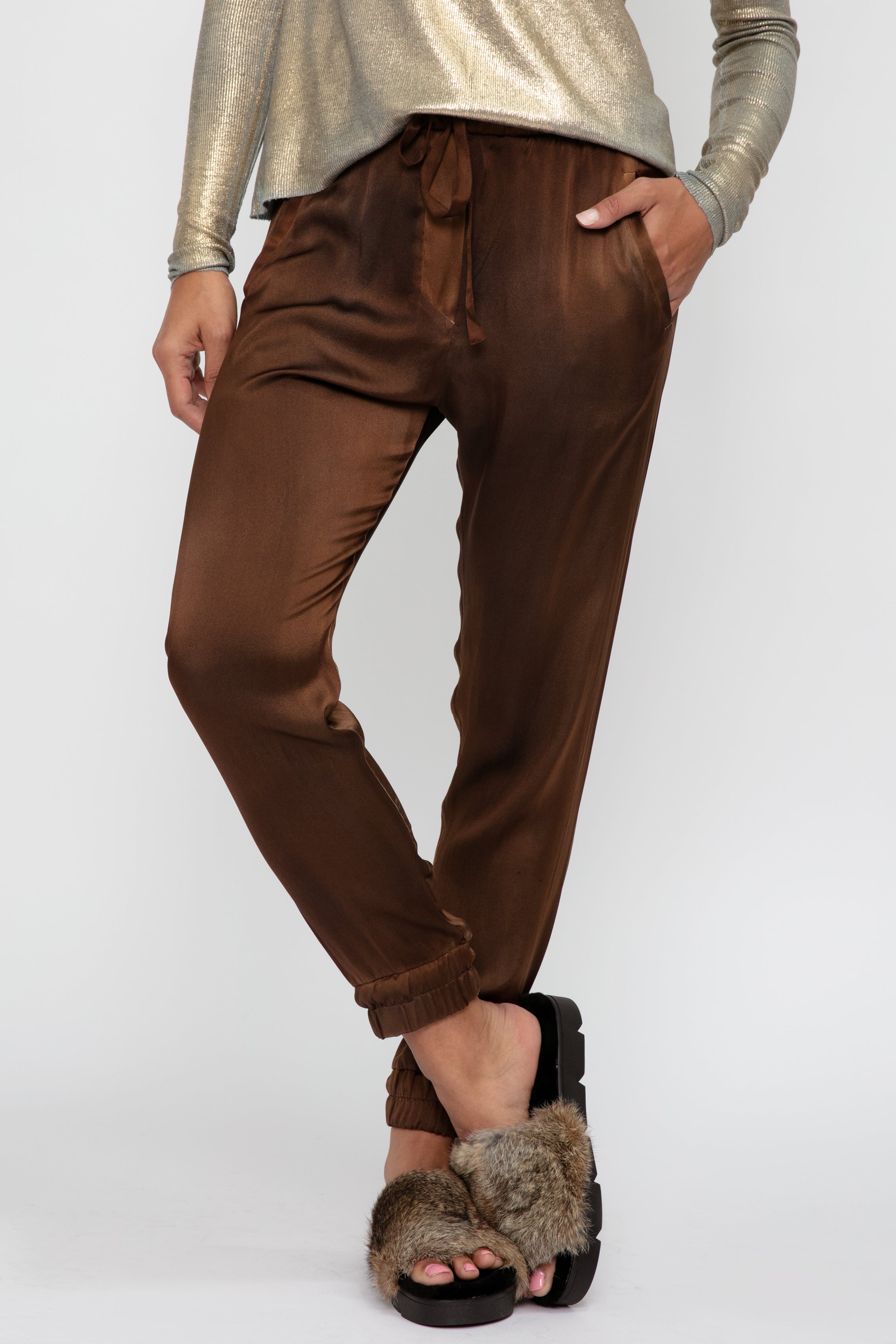 Hand Painted Silk Jogging Pant in Cioccolato