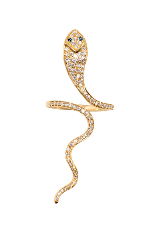 L.A. STEIN Diamond Pavé Serpent Ring with Sapphire Eyes in 18k Yellow Gold