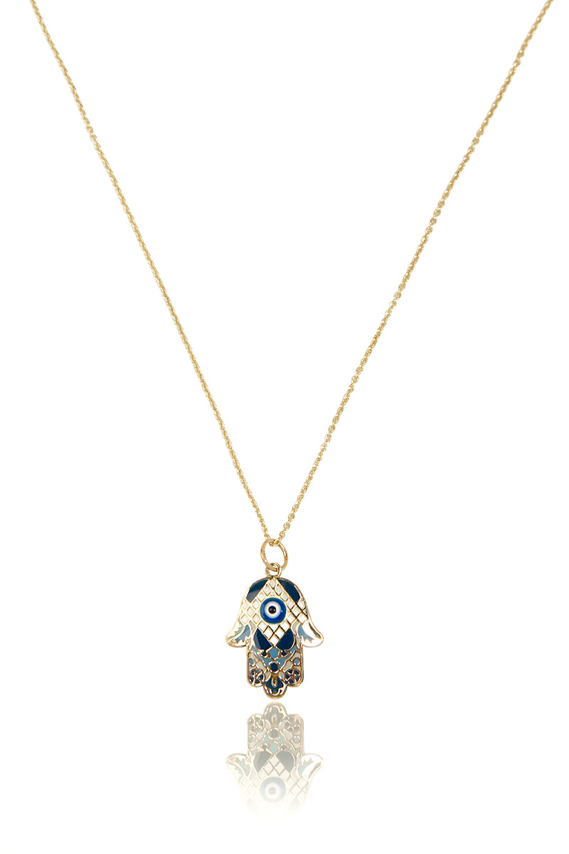 VELINA 14k Gold Treville Hamsa Pendant Necklace in Blue