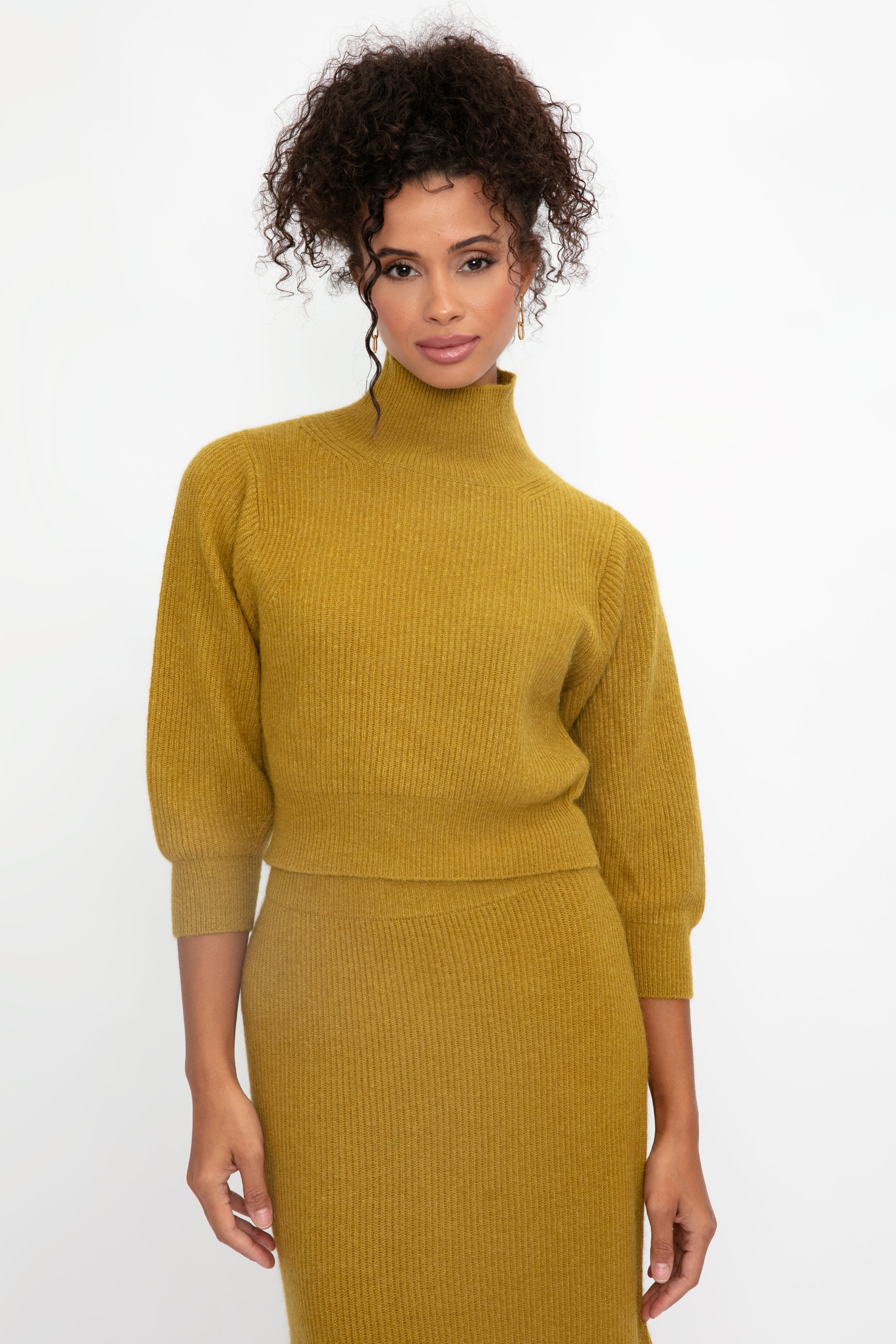 Platinum and Mohair High Neck Sweater in Curry