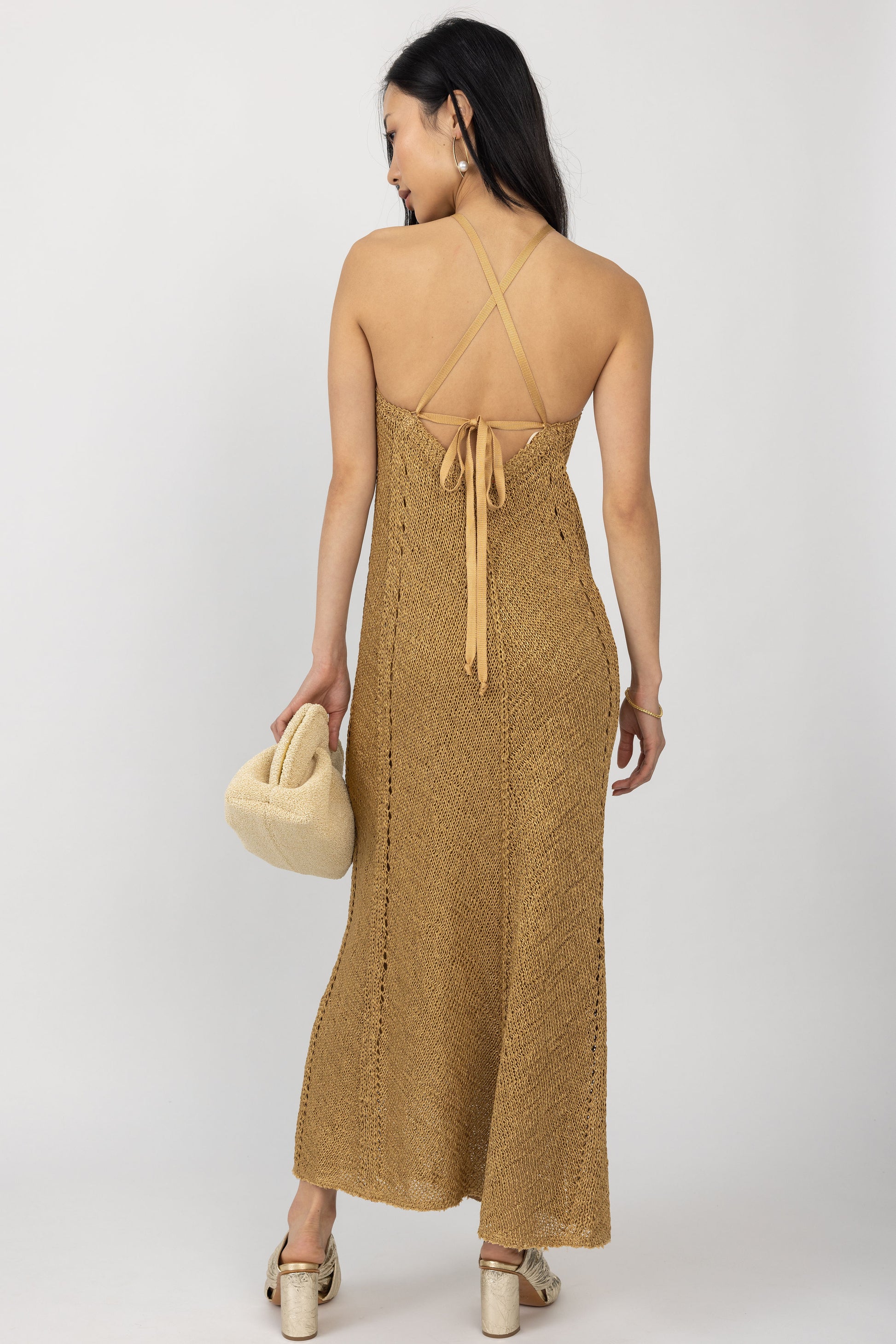 FORTE FORTE Sustainable Viscose and Raffia Maxi Dress in Gold