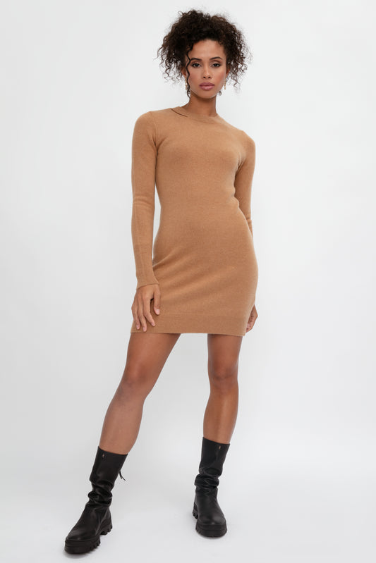 FRAME Cashmere Cut Out Sweater Dress in Camel