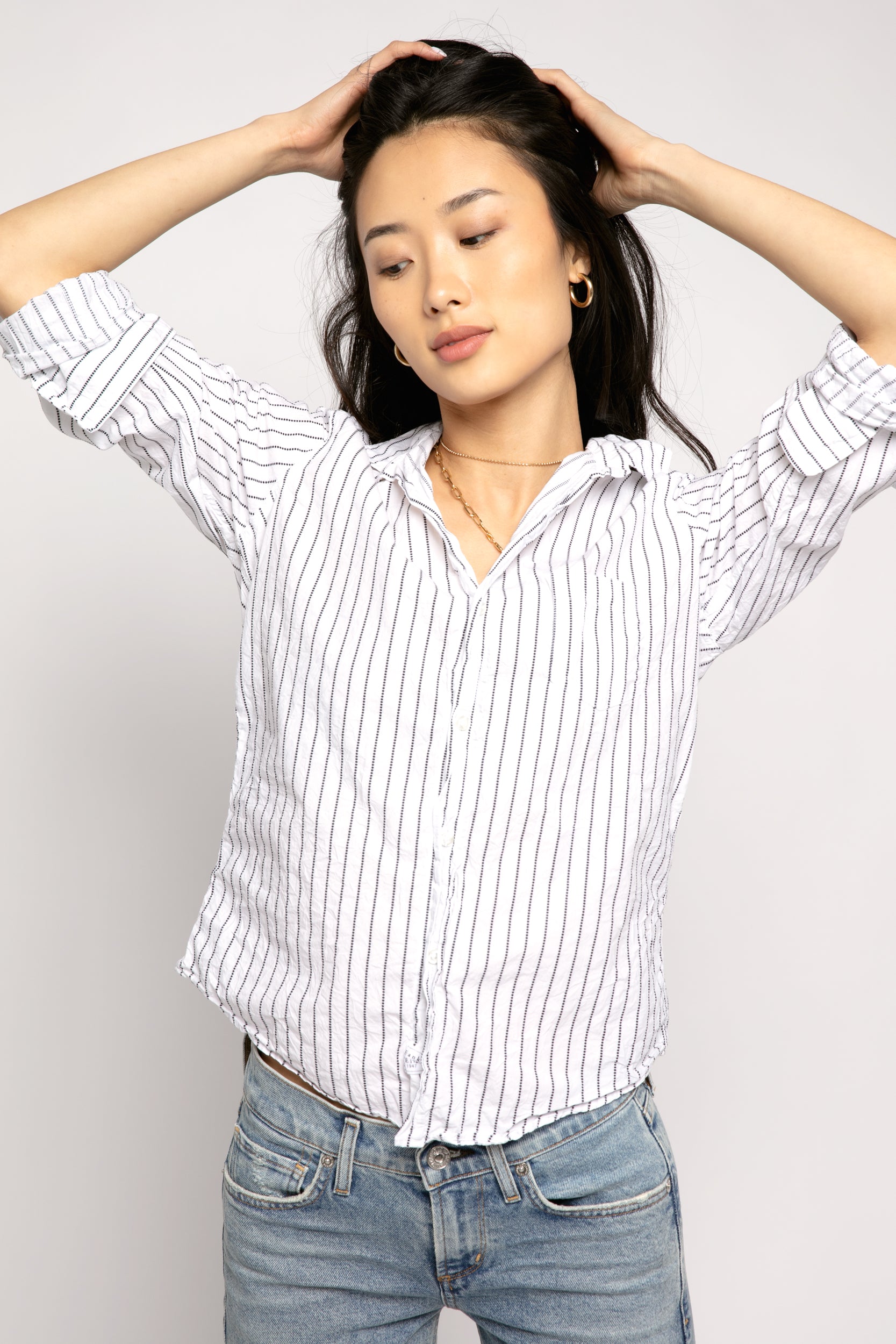FRANK & EILEEN Barry Button Down Shirt in Black Dotted Stripe