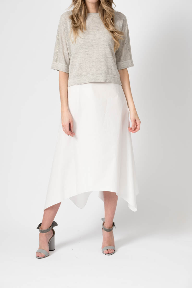 twofer dress Fabiana Filippi Knit | White Grey longer length skirt with Length (Shoulder to Feet):56 Inches ART DECO Print Midi ModelID: 57