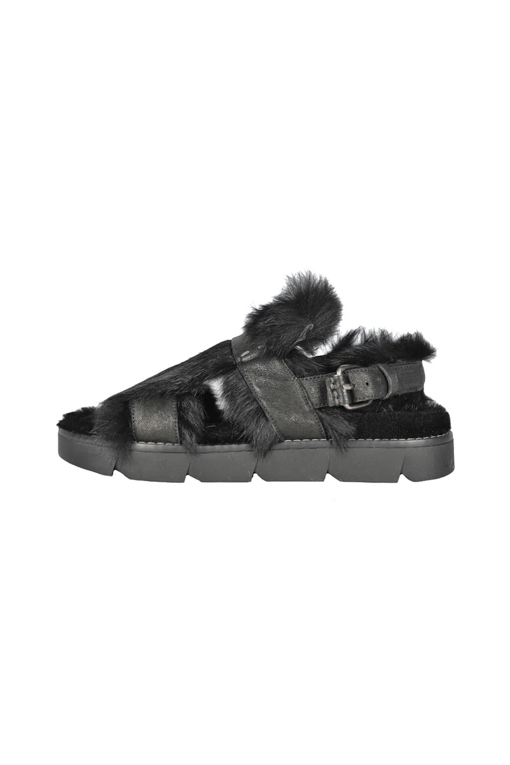 HENRY BEGUELIN Leather Vegetal Wash Sandal with Fur in Nero