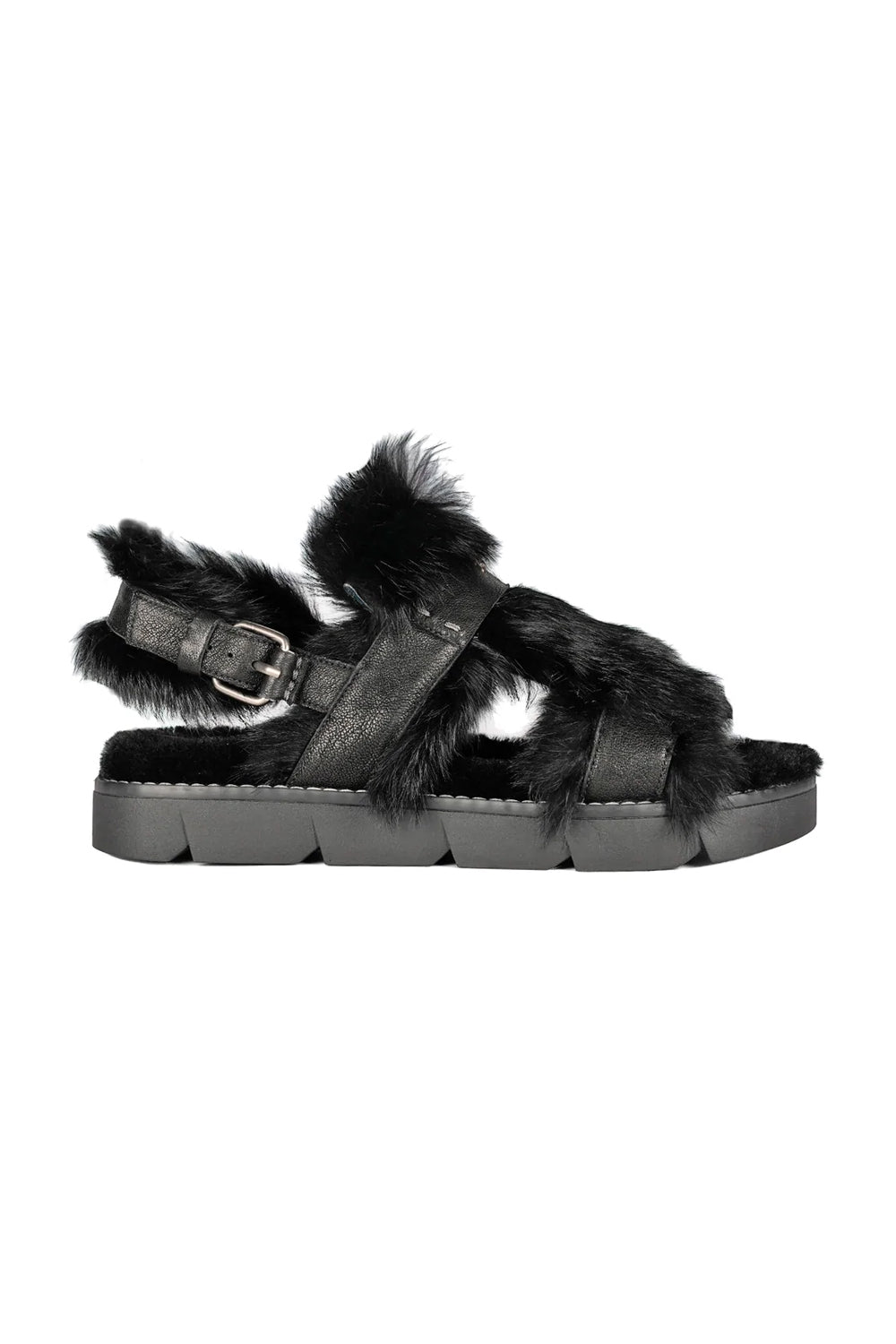 HENRY BEGUELIN Leather Vegetal Wash Sandal with Fur in Nero
