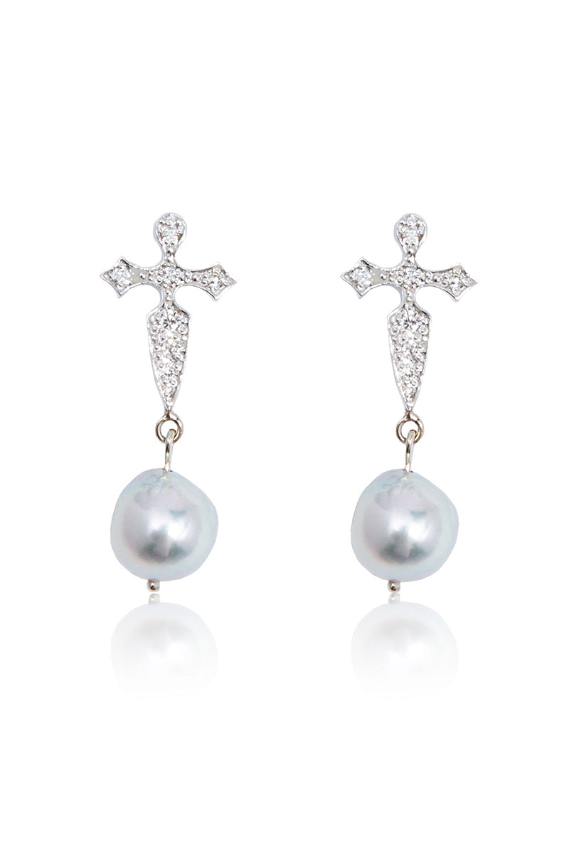 Diamond Dagger Blue Akoya Pearl Drops in White Gold