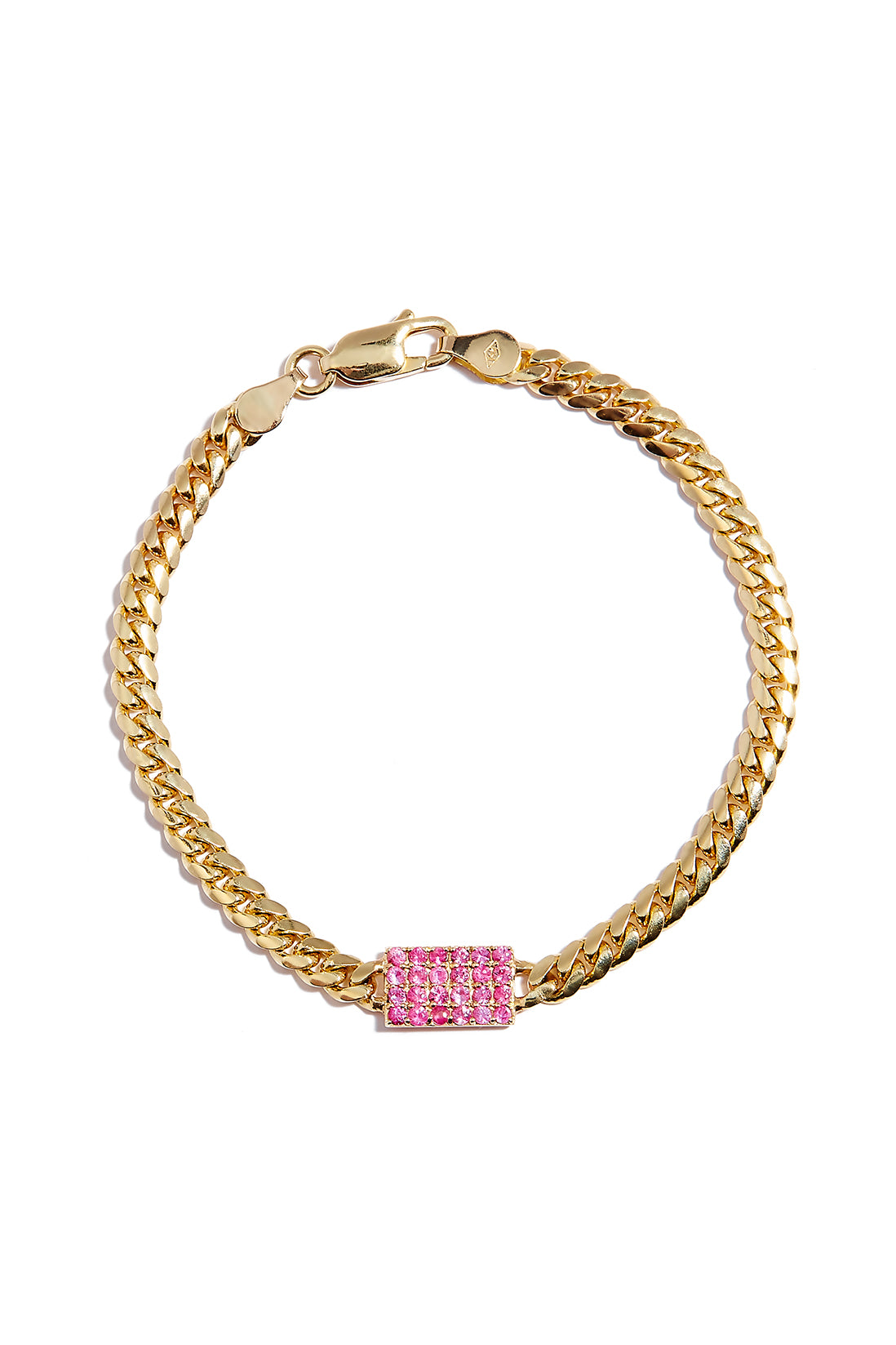 Miami Cuban Chain Bracelet with Pink Sapphire Pad in 14k Yellow Gold