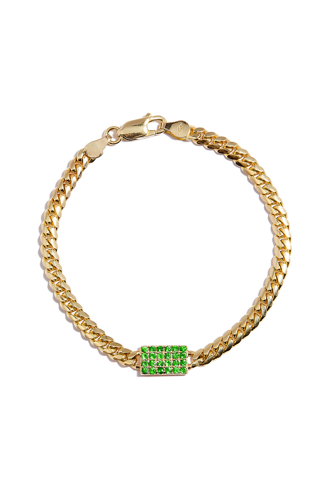 Miami Cuban Chain Bracelet with Tsavorite Pad in 14k Yellow Gold