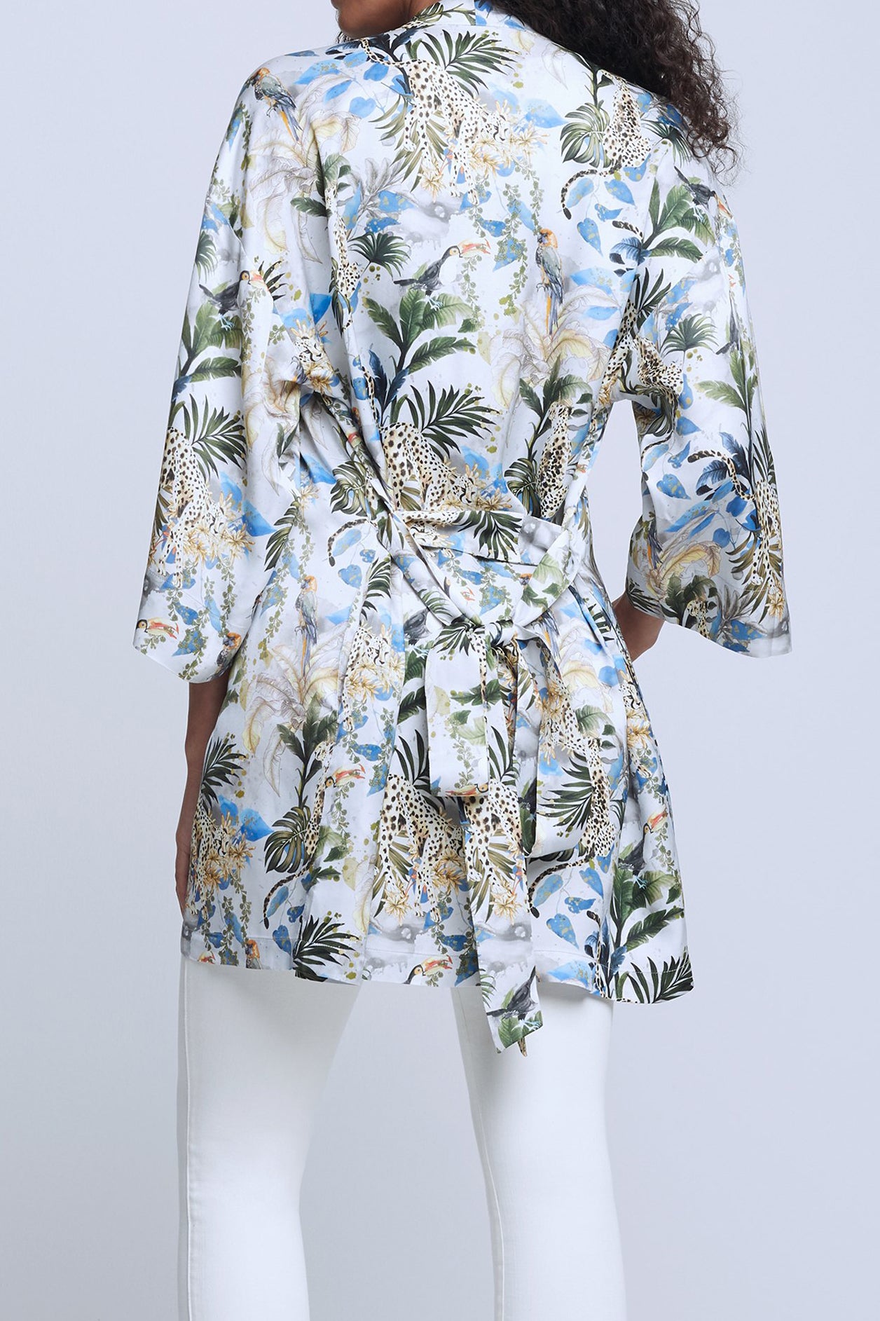 L'AGENCE Hayden Kimono Jacket in Grey Green Animal Palm