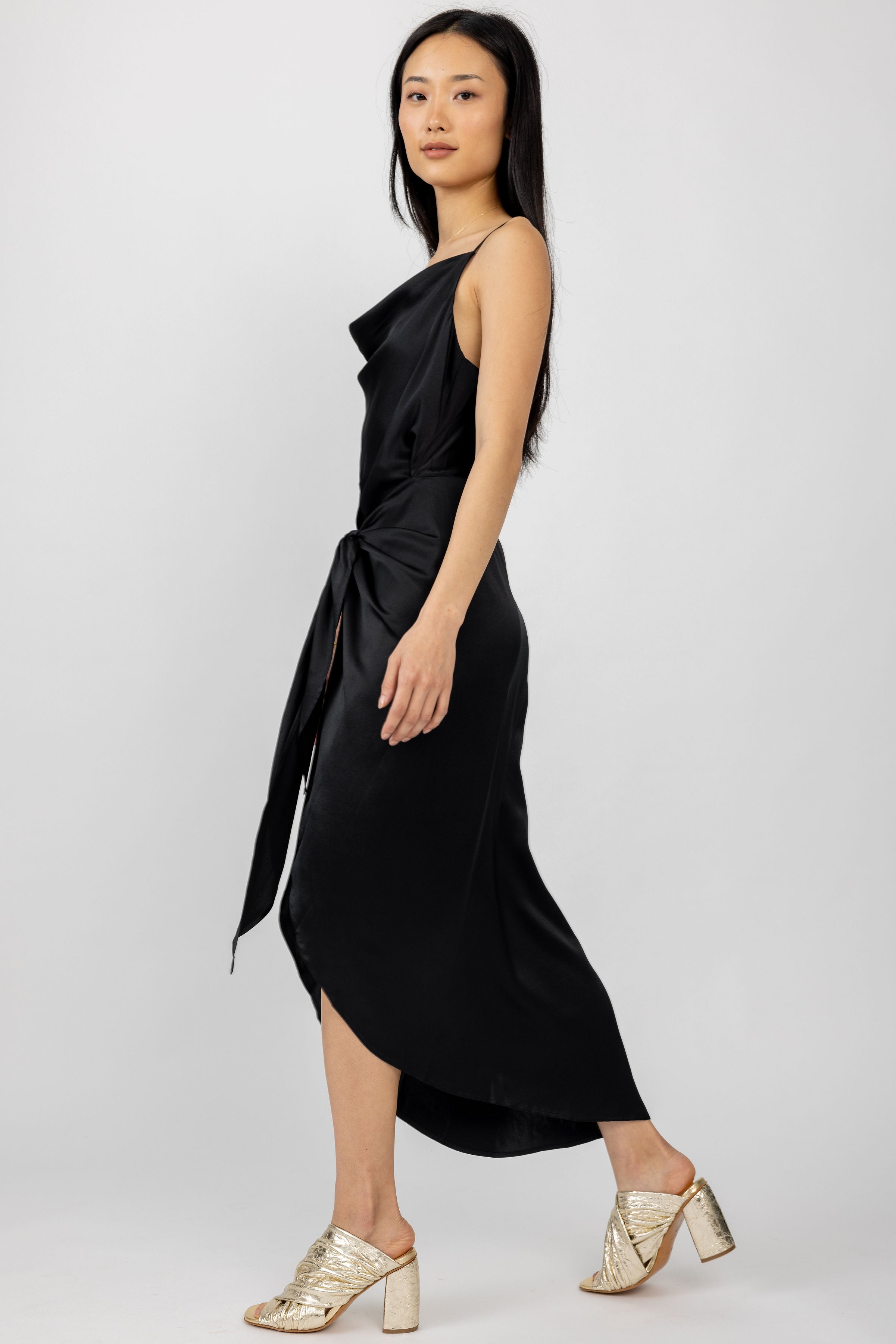 shape black satin wrap dress Black Satin Wrap Detail Midi Skater Dress