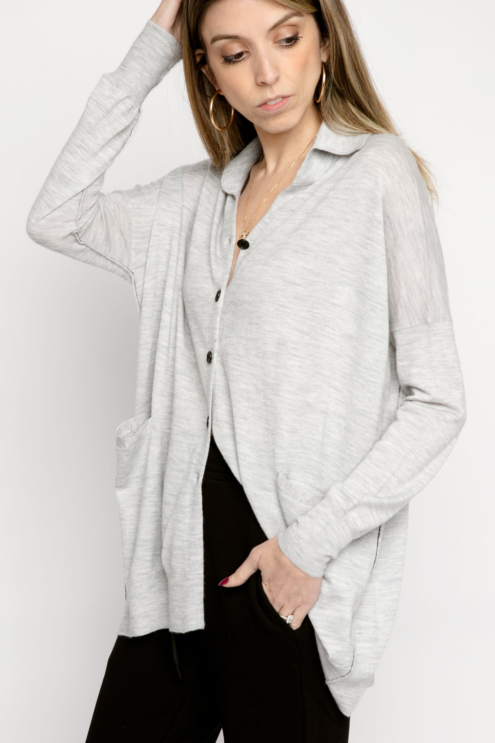 PAYCHI GUH Collared Cardigan in Pale Heather Grey