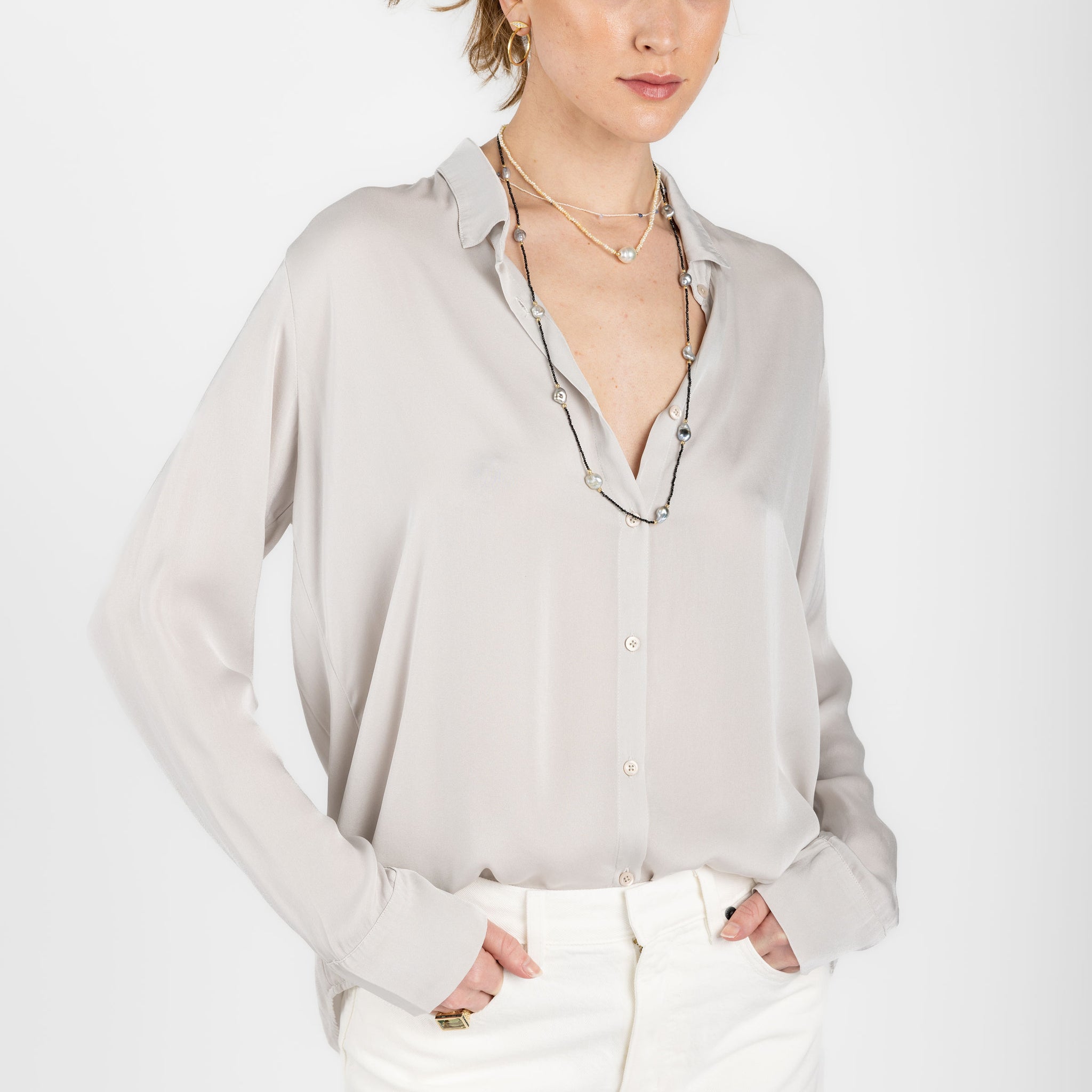 PRIVATE 0204 Smooth Silk Shirt in Pearl