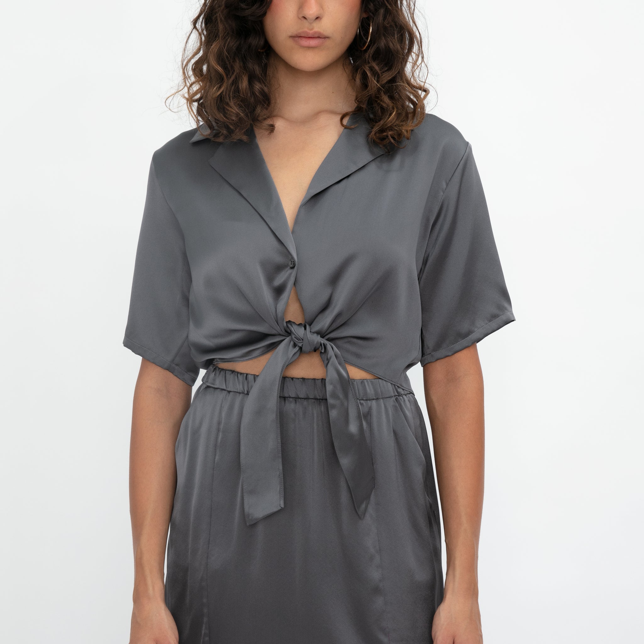 SABLYN Ana Tie Front Silk Blouse in Thunder