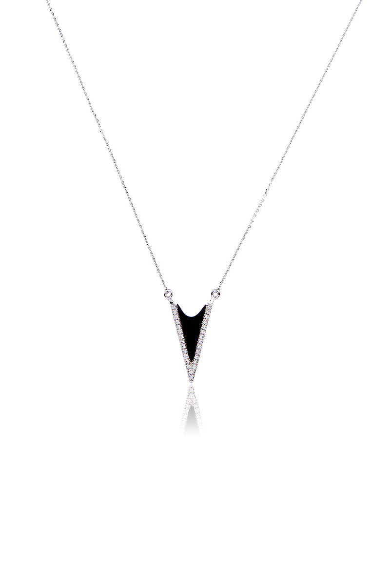 Black Onyx Diamond V Necklace in White Gold