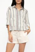 TRANSIT Boxy Linen Shirt Jacket in Carob Stripe
