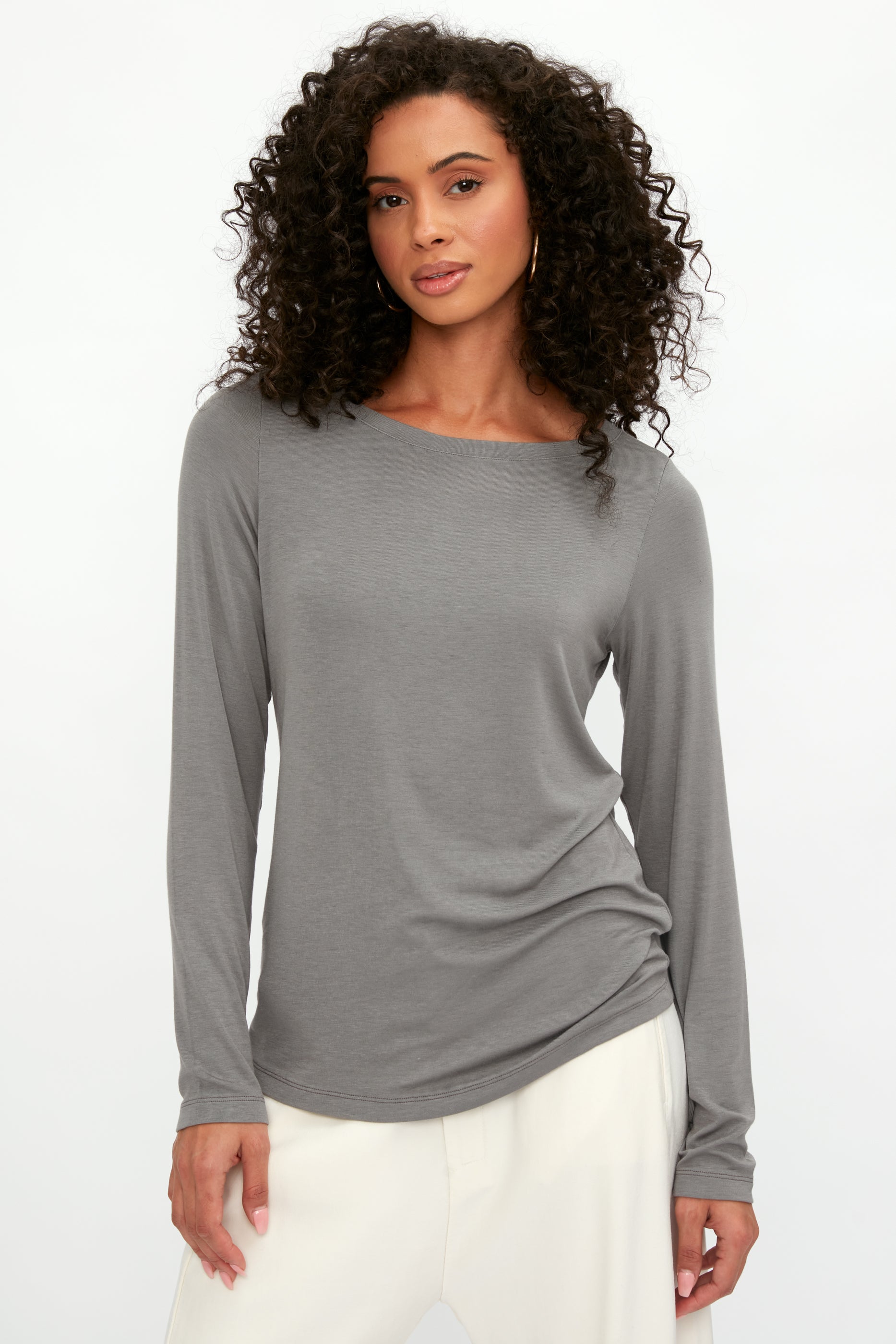 womens long sleeve t shirt dress Long Sleeve Crewneck T-Shirt Dress L / London Fog