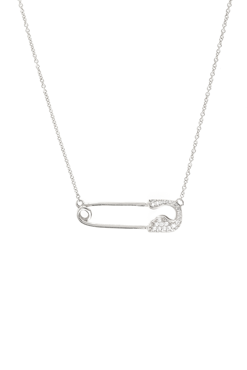 VELINA White Gold Crystal Safety Pin Necklace