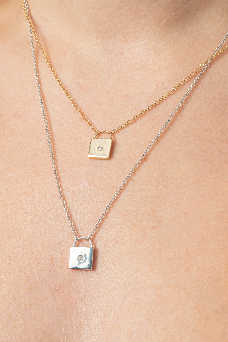 Square Initial Lock Necklace - Silver